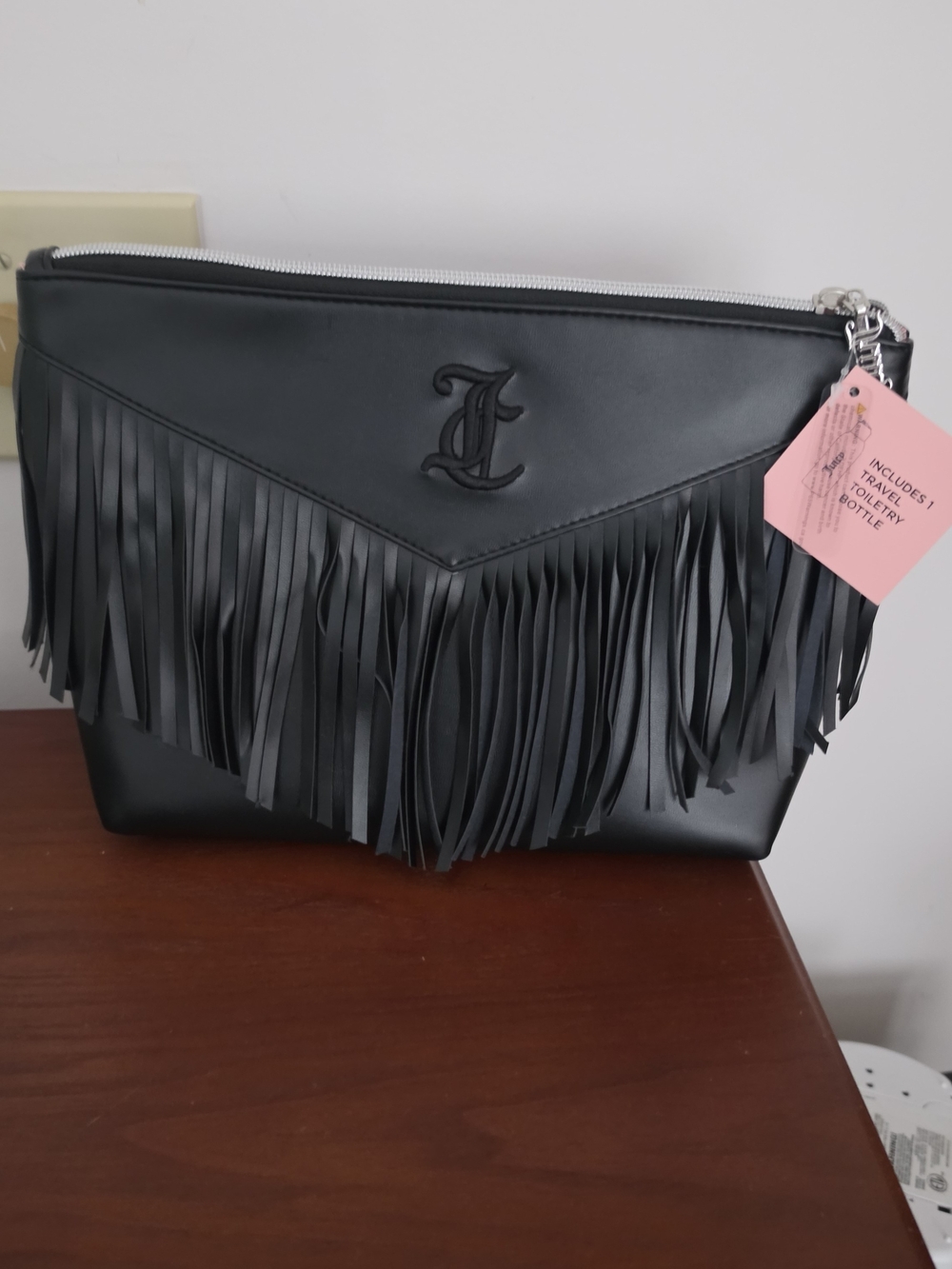 Juicy Couture Black Fringe Cosmetic Pouch with Pink Tag